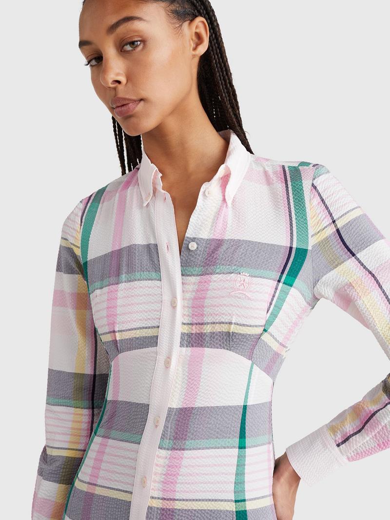 Női Tommy Hilfiger Madras Maxi Shirt Dresses Fehér Rózsaszín | HU 102GSO